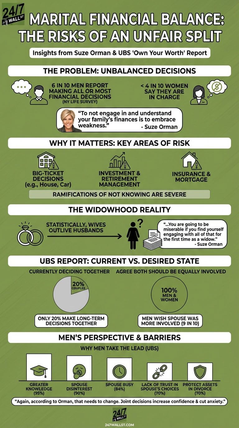 A detailed infographic on marital financial balance featuring statistics, quotes from Suze Orman, and charts showing that while most couples agree on equal involvement, only 20% actually decide together.