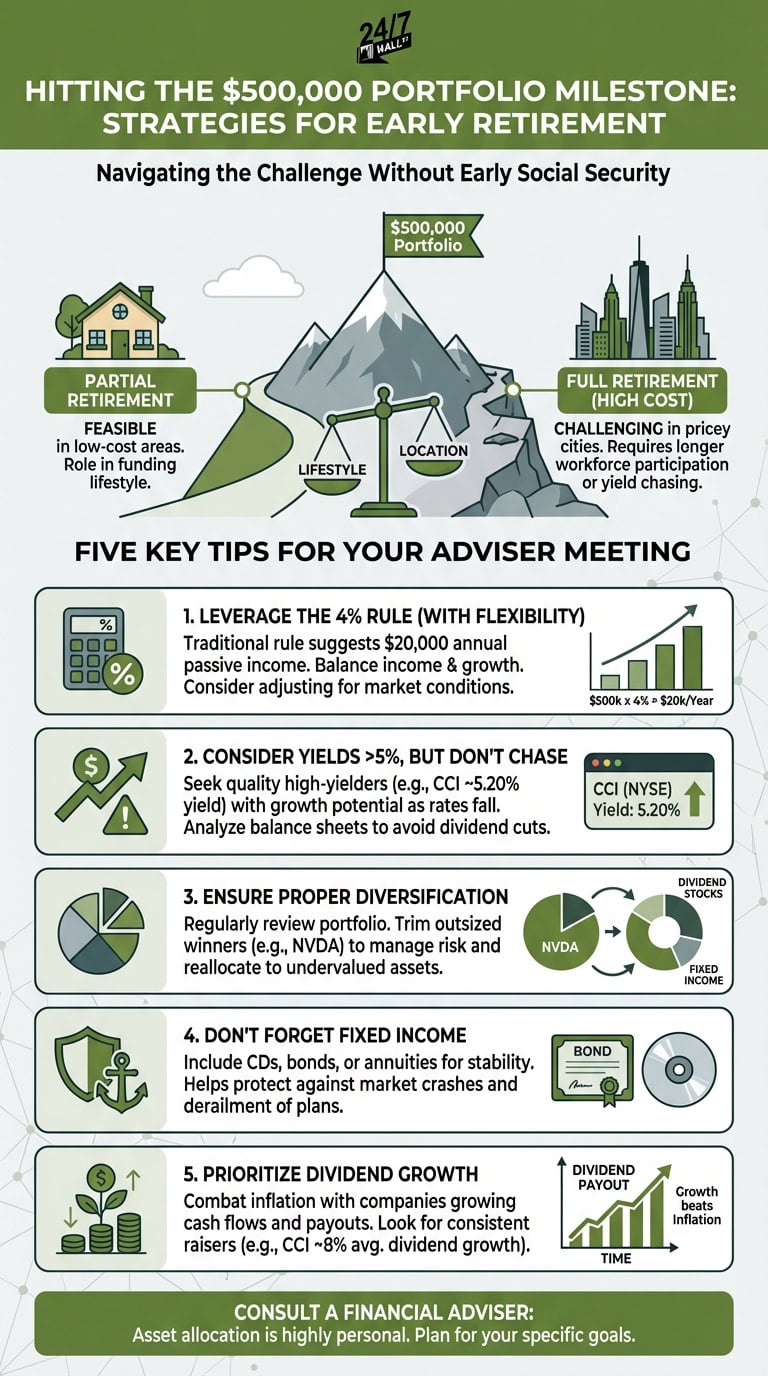 An infographic titled Hitting the $500,000 Portfolio Milestone showing a mountain peak and five numbered tips for retirement planning.