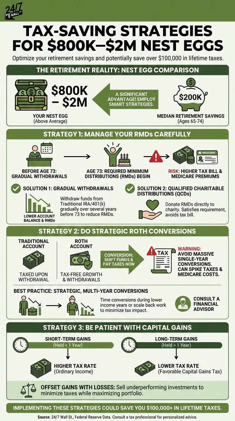 Infographic titled 'Tax-Saving Strategies for $800K–$2M Nest Eggs' outlining methods to reduce lifetime taxes through RMD management, Roth conversions, and capital gains timing.