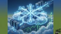 A digital illustration of the Snowflake logo glowing above server towers and a rising green financial growth chart.