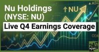 Financial chart background with text overlay for Nu Holdings NYSE NU Live Q4 Earnings Coverage featuring a rising yellow arrow.