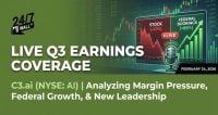 A green financial infographic showing a stock chart with a 60% drop next to a federal bookings chart with an 89% increase, labeled for C3.ai earnings coverage.