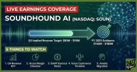 A financial infographic with a dark green background featuring a glowing digital brain and an arrow pointing toward a target, listing five key points to watch for SoundHound AI's earnings.