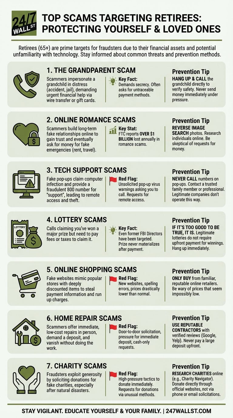 Infographic titled 'Top Scams Targeting Retirees' listing seven types of fraud with icons, red flags, and prevention advice.