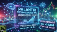 A vibrant, futuristic digital rendering displays "PALANTIR TECHNOLOGIES INC. Q4 2025 EARNINGS REPORT" on a central glowing blue screen. Below it, "EPS Consensus: $0.23" and "Revenue: $1.33B (Exp.)" are shown, with an upward-pointing arrow and a growth chart. To the right, another glowing screen highlights "US Commercial Rev > $400M (Triple-Digit Growth)". The background features a blurred city skyline with neon-lit financial candlestick charts, a glowing blue wireframe brain labeled "AI", and interconnected network nodes, conveying a theme of technology, AI, and financial growth. The "24/7 WALL ST" logo is in the bottom left.
