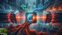 A vibrant digital illustration features a central glowing microchip, acting as a hub for numerous interconnected elements. Bright circuit lines extend from the chip to neon green icons representing a self-driving car, smart city buildings, and a smart home network on the right. Similar red circuit lines connect to industrial-looking connectors on both the left and right sides of the image. Below the chip, orange and red data streams, composed of binary code, flow downwards, suggesting massive data transfer. The background shows a blurred city skyline, completing the futuristic and technological theme. A '24/7 WALL ST' logo is in the bottom left corner.