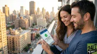 A smiling man and woman on a high-rise balcony look at a white tablet. The tablet screen displays a green checkmark and the text 'Automatic Transfer Confirmed.' Behind them, a city skyline with many buildings stretches into the distance under a warm, golden-hour sky.