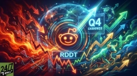 A vibrant digital illustration shows the orange Reddit logo at the center, surrounded by a glowing blue globe with interconnected lines. On the left, a fiery red background with downward-pointing arrows and jagged lines indicates a bearish trend. On the right, a bright green and blue background features upward-pointing arrows and a glowing, polygonal bull, symbolizing a bullish trend. Text overlays include 'Q4 EARNINGS' and 'RDDT'.