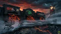 A desolate, snow-covered landscape under a stormy, orange-red sky depicts three crumbling retail storefronts: Kohl's, Dollar Tree, and Macy's. Beneath each store's name, glowing neon stock tickers (KSS, DLTR, M) show sharp downward trends. Empty shopping carts are scattered across the cracked, icy ground. A large fissure reveals glowing credit cards and more falling stock charts intertwined with frozen roots. In the background, a decaying clock tower reads 'DEC 2026' on one of its broken faces, with the clock hands approaching midnight.