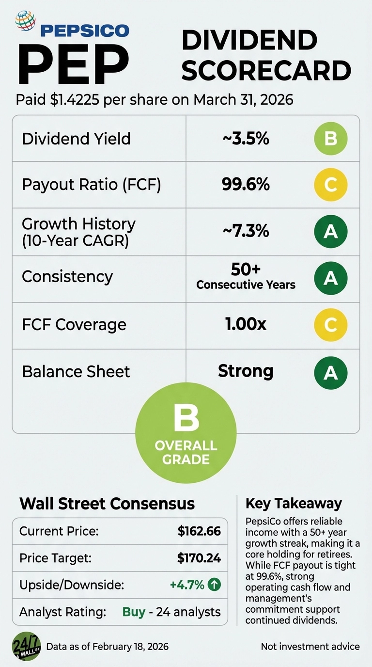 An infographic titled 'PepsiCo Dividend Scorecard' for ticker PEP. It shows that a dividend of $1.4225 per share was paid on March 31, 2026. The dividend scorecard section lists six metrics with their values and corresponding letter grades: Dividend Yield ~3.5% (B), Payout Ratio (FCF) 99.6% (C), Growth History (10-Year CAGR) ~7.3% (A), Consistency 50+ Consecutive Years (A), FCF Coverage 1.00x (C), and Balance Sheet Strong (A). A large circular icon displays an overall grade of 'B'. Below this, the 'Wall Street Consensus' section provides Current Price: $162.66, Price Target: $170.24, Upside/Downside: +4.7% with an upward arrow, and Analyst Rating: Buy - 24 analysts. A 'Key Takeaway' box summarizes PepsiCo's dividend strength for retirees. Data is as of February 18, 2026.