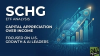 A digital graphic on a dark blue background features large white text "SCHG ETF ANALYSIS", "CAPITAL APPRECIATION OVER INCOME", and "FOCUSED ON U.S. GROWTH & AI LEADERS". To the right, an glowing light blue upward-pointing arrow, designed with circuit board patterns and a microchip icon at its tip, rises above bar charts and line graphs. A faint globe outline is also visible, all rendered with a modern, technological aesthetic. A "24/7 WALL ST" logo is in the bottom right corner.