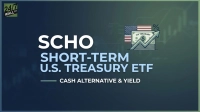 A financial graphic on a dark green background. In the upper left corner, a green and black logo reads '24/7 WALL ST'. Prominently displayed in white and light blue text are the words 'SCHO', 'SHORT-TERM U.S. TREASURY ETF', and 'CASH ALTERNATIVE & YIELD'. To the right of the main text, an illustration shows an American flag behind a stack of green bills labeled 'U.S. TREASURY' with a dollar sign. An upward-pointing grey arrow with a white outline and a percentage symbol at its peak rises over the bills, indicating growth. Faint financial charts are visible in the background.