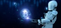 A translucent white robot stands on the right, extending its arm toward a large, glowing blue Bitcoin symbol with a circuit board design in the center-left. The Bitcoin symbol is connected by glowing blue lines to various hexagonal icons representing a gear, a stack of coins, a bar chart, a laptop, a dollar sign, and an exchange arrow. The background is a dark blue digital network of lines and dots, creating a futuristic and interconnected technological scene.