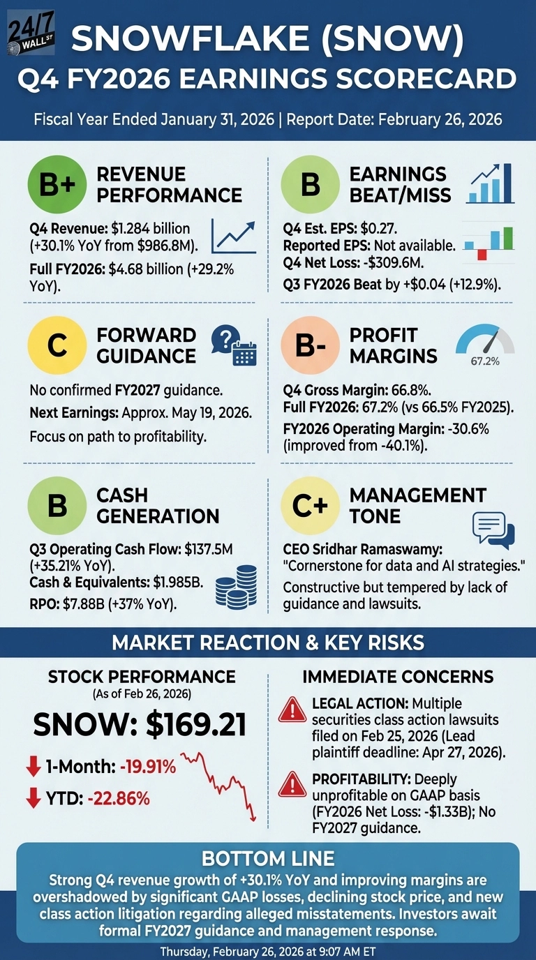 An infographic titled 'Snowflake (SNOW) Q4 FY2026 Earnings Scorecard', with a fiscal year ended January 31, 2026, and report date February 26, 2026. It features six graded sections: Revenue Performance (B+, Q4 Revenue $1.284B, +30.1% YoY), Earnings Beat/Miss (B, Q4 Net Loss -$309.6M), Forward Guidance (C, no confirmed FY2027 guidance), Profit Margins (B-, Q4 Gross Margin 66.8%), Cash Generation (B, Q3 Operating Cash Flow $137.5M), and Management Tone (C+, constructive but tempered). Below, 'Market Reaction & Key Risks' shows Stock Performance (SNOW: $169.21, 1-Month: -19.91%, YTD: -22.86%) and Immediate Concerns (Legal Action, Profitability issues). A 'Bottom Line' summary discusses strong Q4 revenue overshadowed by GAAP losses and class action litigation.