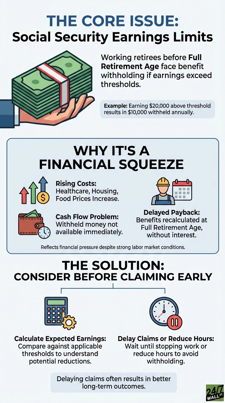 An infographic titled 'THE CORE ISSUE: Social Security Earnings Limits'. The top section shows a hand holding a stack of money, stating that working retirees before Full Retirement Age face benefit withholding if earnings exceed thresholds, with an example of earning $20,000 above the threshold resulting in $10,000 withheld annually. The middle section, 'WHY IT'S A FINANCIAL SQUEEZE', includes three icons: rising arrows with a dollar sign for 'Rising Costs: Healthcare, Housing, Food Prices Increase'; a wallet with a clock for 'Cash Flow Problem: Withheld money not available immediately'; and a construction worker next to a calendar for 'Delayed Payback: Benefits recalculated at Full Retirement Age, without interest'. This section notes financial pressure despite strong labor market conditions. The bottom section, 'THE SOLUTION: CONSIDER BEFORE CLAIMING EARLY', offers two approaches: a calculator with a gear icon for 'Calculate Expected Earnings: Compare against applicable thresholds to understand potential reductions'; and a clock with a pause button for 'Delay Claims or Reduce Hours: Wait until stopping work or reduce hours to avoid withholding'. The infographic concludes that delaying claims often results in better long-term outcomes. The '24/7 WALL ST.' logo is in the bottom right corner.