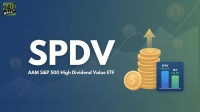 A graphic featuring the large white text 'SPDV' and 'AAM S&P 500 High Dividend Value ETF' against a gradient blue-green background. To the right, a stack of gold coins with dollar signs and an upward-pointing arrow symbolize financial growth. A small bar chart displays 'SPDV +20.2%' in blue, outperforming 'SPY +15.5%' in green. The '24/7 WALL ST' logo is visible in the top left corner.