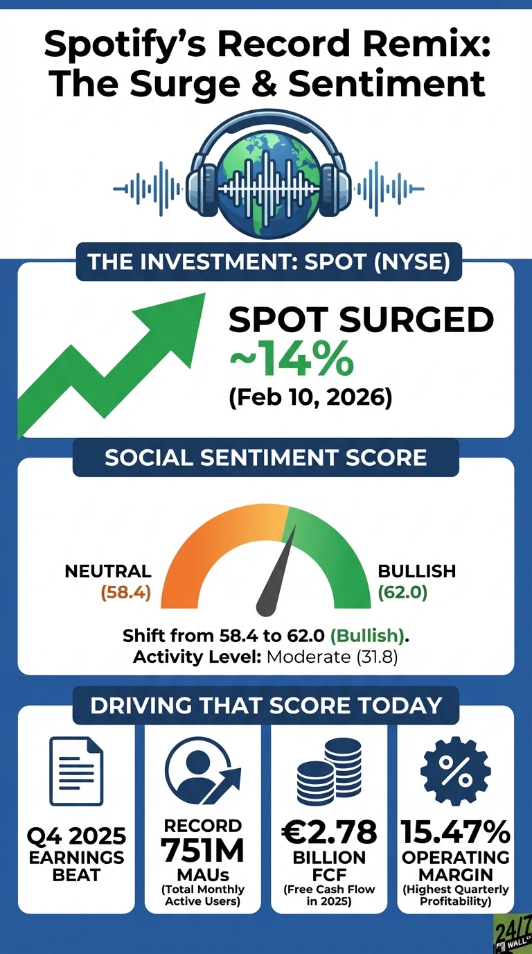 An infographic titled 'Spotify's Record Remix: The Surge & Sentiment' detailing Spotify's financial performance and social sentiment. The top section shows 'The Investment: SPOT (NYSE)' with a large green arrow indicating 'SPOT SURGED ~14%' on 'Feb 10, 2026'. Below, a social sentiment gauge shifts from 'Neutral (58.4)' to 'Bullish (62.0)', with the needle pointing towards 'Bullish', and an activity level of 'Moderate (31.8)'. The bottom section, 'Driving That Score Today', presents four white cards with icons: 'Q4 2025 EARNINGS BEAT' with a document icon, 'RECORD 751M MAUs (Total Monthly Active Users)' with a user growth icon, '€2.78 BILLION FCF (Free Cash Flow in 2025)' with stacked coins icon, and '15.47% OPERATING MARGIN (Highest Quarterly Profitability)' with a gear and percentage icon. The overall color scheme is blue, green, and white.