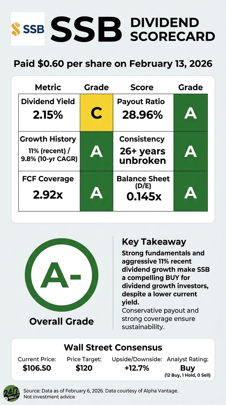 An infographic titled 'SSB Dividend Scorecard' for SouthState Corporation. The top section states 'Paid $0.60 per share on February 13, 2026'. A table lists key financial metrics with their scores and grades: Dividend Yield (2.15%, Grade C), Payout Ratio (28.96%, Grade A), Growth History (11% recent / 9.8% 10-yr CAGR, Grade A), Consistency (26+ years unbroken, Grade A), FCF Coverage (2.92x, Grade A), and Balance Sheet (D/E 0.145x, Grade A). An overall circular grade of A- is prominently displayed. A 'Key Takeaway' section describes SSB as a compelling buy for dividend growth investors due to strong fundamentals. The 'Wall Street Consensus' section shows Current Price: $106.50, Price Target: $120, Upside/Downside: +12.7%, and Analyst Rating: Buy (12 Buy, 1 Hold, 0 Sell). The source data is as of February 6, 2026.