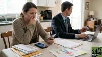 A distraught woman in a brown sweater sits at a kitchen table, covering her mouth with one hand and holding a smartphone in the other. Next to her, a man in a dark suit types on a silver laptop, holding a credit card. On the light-colored tablecloth are stacks of mail, legal documents, another smartphone displaying 'Everyday Account', and a child's drawing of a family. A bright kitchen with a window is in the background.