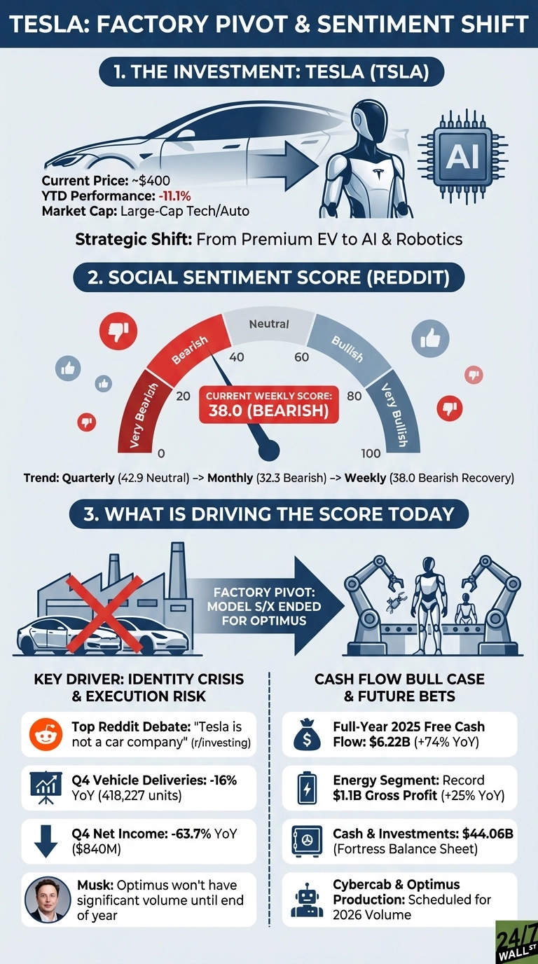 An infographic titled 'TESLA: FACTORY PIVOT &amp; SENTIMENT SHIFT'. Section 1, 'The Investment: Tesla (TSLA)', shows a Tesla car transforming into a humanoid robot and an AI chip, with text: Current Price ~$400, YTD Performance -11.1%, Market Cap Large-Cap Tech/Auto, Strategic Shift from Premium EV to AI &amp; Robotics. Section 2, 'Social Sentiment Score (Reddit)', displays a gauge indicating a 'Current Weekly Score: 38.0 (BEARISH)'. Sentiment trend shows a shift from Quarterly Neutral to Monthly Bearish, then to Weekly Bearish Recovery. Section 3, 'What is Driving the Score Today', is split into two columns. Left: 'Key Driver: Identity Crisis &amp; Execution Risk' with points: Reddit debate 'Tesla is not a car company', Q4 Vehicle Deliveries -16% YoY (418,227 units), Q4 Net Income -63.7% YoY ($840M), and Musk's statement on Optimus volume. An image shows Model S/X vehicles crossed out next to a factory, leading to robot production. Right: 'Cash Flow Bull Case &amp; Future Bets' with points: Full-Year 2025 Free Cash Flow $6.22B (+74% YoY), Energy Segment Record $1.1B Gross Profit (+25% YoY), Cash &amp; Investments $44.06B, and Cybercab &amp; Optimus Production scheduled for 2026 Volume. The infographic uses a blue, white, and gray color scheme with red for bearish indicators.