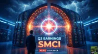 A person in a suit stands facing a vast, futuristic data center composed of curved server racks under a stormy sky with lightning. A glowing, red and blue spherical data core with radiating circuit lines dominates the center. In the foreground, a transparent display shows "Q2 EARNINGS SMCI LIVE COVERAGE" with a red "LIVE" dot. The "24/7 WALL ST" logo is visible in the bottom right corner.