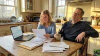 A distressed middle-aged couple sits at a wooden kitchen table covered with bills and financial papers. The woman, wearing a blue shirt, holds a document and presses her hand to her forehead, looking concerned. The man, in a dark blue shirt, leans back in his chair with his eyes closed, appearing overwhelmed. An open laptop on the table displays a green line graph showing an upward trend in what appears to be a stock chart. The background shows a sunlit kitchen with white cabinets, a window, and kitchen appliances.