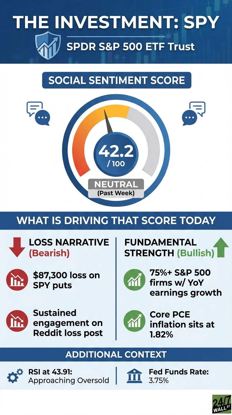 An infographic titled 'THE INVESTMENT: SPY' by 24/7 Wall St. The top section displays a social sentiment score of 42.2 out of 100, labeled 'NEUTRAL (Past Week)' on a dial gauge, with the needle pointing to the orange segment. Below, a section titled 'What Is Driving That Score Today' lists contributing factors. Bearish 'Loss Narrative' points include an $87,300 loss on SPY puts and sustained engagement on a Reddit loss post, each accompanied by a red icon showing a downward-trending chart. Bullish 'Fundamental Strength' points include 75%+ S&amp;P 500 firms with year-over-year earnings growth and core PCE inflation at 1.82%, each with a green icon depicting an upward-trending chart. The bottom section, 'Additional Context', shows RSI at 43.91 (Approaching Oversold) next to a gear icon and Fed Funds Rate at 3.75% next to a building icon. The infographic features a blue and white color scheme with red and green accents for sentiment indicators.