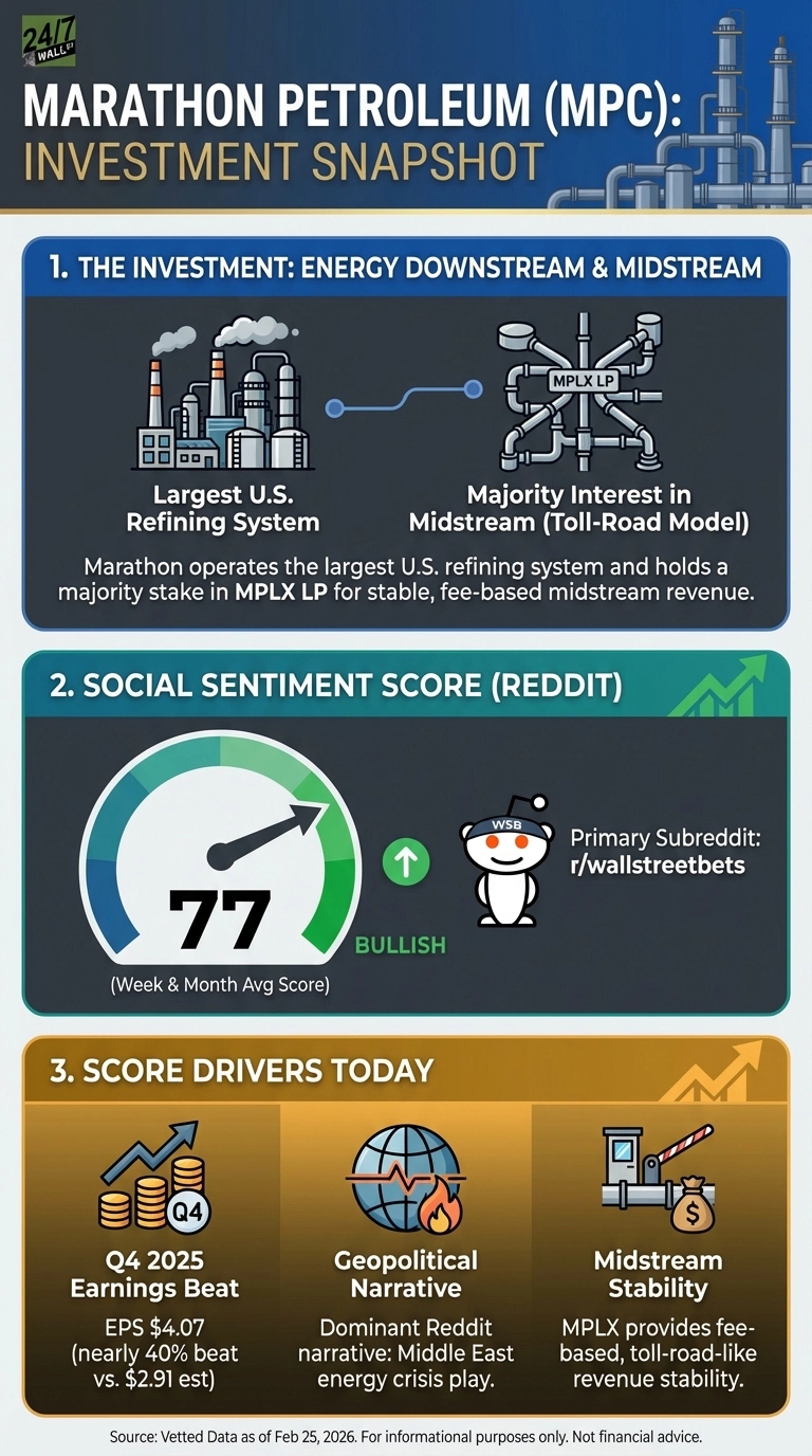 An infographic titled 'Marathon Petroleum (MPC): Investment Snapshot' on a dark blue background with a gold top banner and 24/7 Wall St logo. The infographic is divided into three main sections. Section 1, 'THE INVESTMENT: ENERGY DOWNSTREAM & MIDSTREAM', shows two illustrated diagrams: a multi-building oil refinery labeled 'Largest U.S. Refining System' on the left, connected by a pipeline to a complex network of pipelines labeled 'MPLX LP' on the right, under which reads 'Majority Interest in Midstream (Toll-Road Model)'. Text below states: 'Marathon operates the largest U.S. refining system and holds a majority stake in MPLX LP for stable, fee-based midstream revenue.' Section 2, 'SOCIAL SENTIMENT SCORE (REDDIT)', features a large circular gauge showing a score of 77, with the needle pointing towards the green, bullish section. An upward green arrow and the word 'BULLISH' are next to it. Below the score is '(Week & Month Avg Score)'. To the right, the Reddit alien mascot wearing a 'WSB' hat is shown, with text 'Primary Subreddit: r/wallstreetbets'. Section 3, 'SCORE DRIVERS TODAY', is a gold-colored panel with three square sub-sections. The first sub-section shows an icon of an upward-trending arrow over stacks of coins labeled 'Q4'. Text: 'Q4 2025 Earnings Beat - EPS $4.07 (nearly 40% beat vs. $2.91 est)'. The second sub-section shows an icon of a globe with a heartbeat line and a flame. Text: 'Geopolitical Narrative - Dominant Reddit narrative: Middle East energy crisis play.' The third sub-section shows an icon of a pipeline checkpoint with a money bag. Text: 'Midstream Stability - MPLX provides fee-based, toll-road-like revenue stability.' A footer at the bottom states: 'Source: Vetted Data as of Feb 25, 2026. For informational purposes only. Not financial advice.'