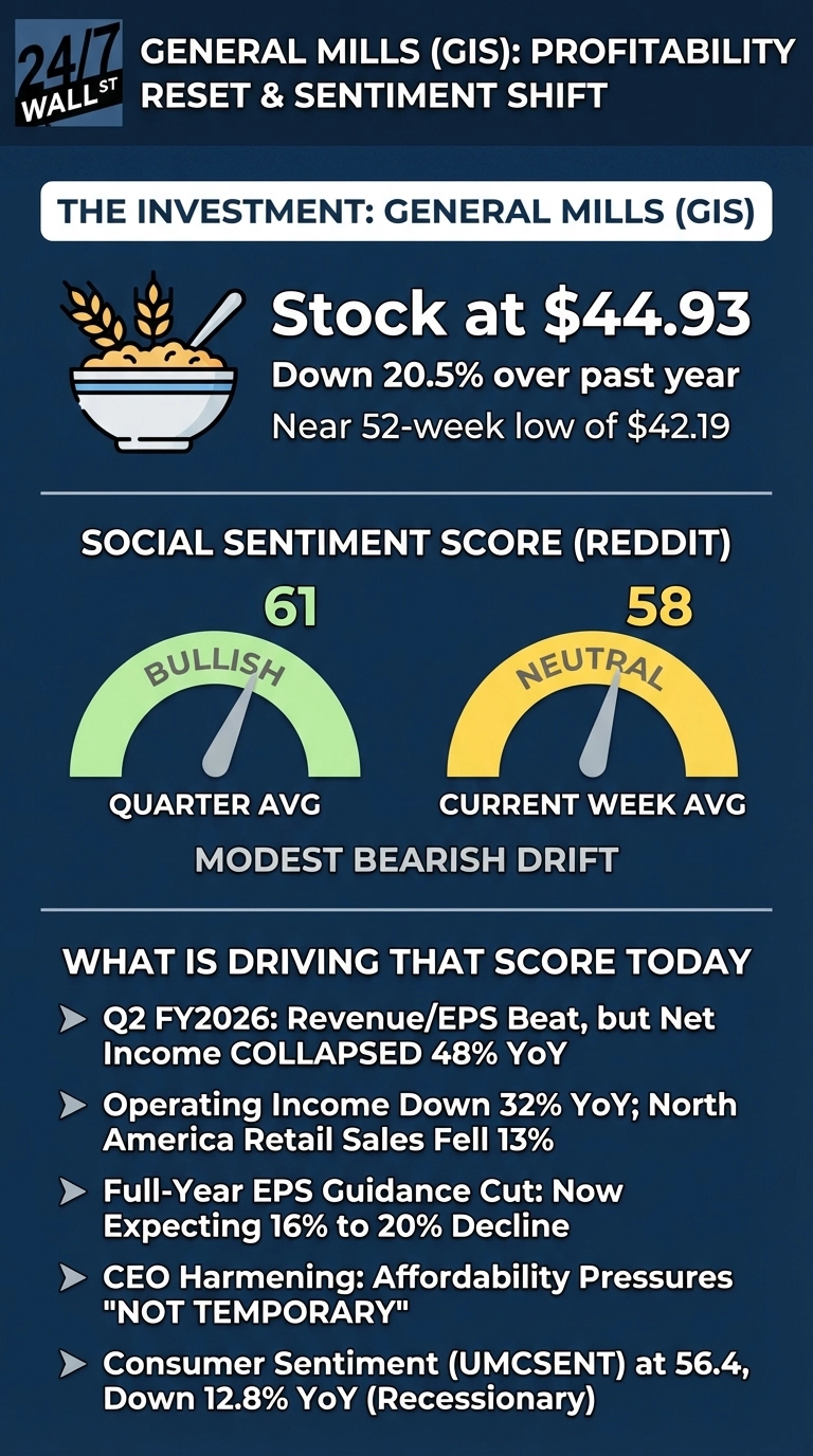 An infographic on General Mills (GIS) with a dark blue background. The header reads 'GENERAL MILLS (GIS): PROFITABILITY RESET &amp; SENTIMENT SHIFT'. A section titled 'THE INVESTMENT: GENERAL MILLS (GIS)' shows the stock at $44.93, down 20.5% over the past year, near a 52-week low of $42.19, with an icon of a cereal bowl. The 'SOCIAL SENTIMENT SCORE (REDDIT)' section displays two gauge charts: 'QUARTER AVG' is 61 (Bullish, green) and 'CURRENT WEEK AVG' is 58 (Neutral, yellow), with text indicating 'MODEST BEARISH DRIFT'. A final section 'WHAT IS DRIVING THAT SCORE TODAY' lists five bullet points: Q2 FY2026 Revenue/EPS Beat but Net Income COLLAPSED 48% YoY; Operating Income Down 32% YoY, North America Retail Sales Fell 13%; Full-Year EPS Guidance Cut to 16% to 20% Decline; CEO Harmening stated Affordability Pressures are 'NOT TEMPORARY'; Consumer Sentiment (UMCSENT) at 56.4, Down 12.8% YoY (Recessionary).