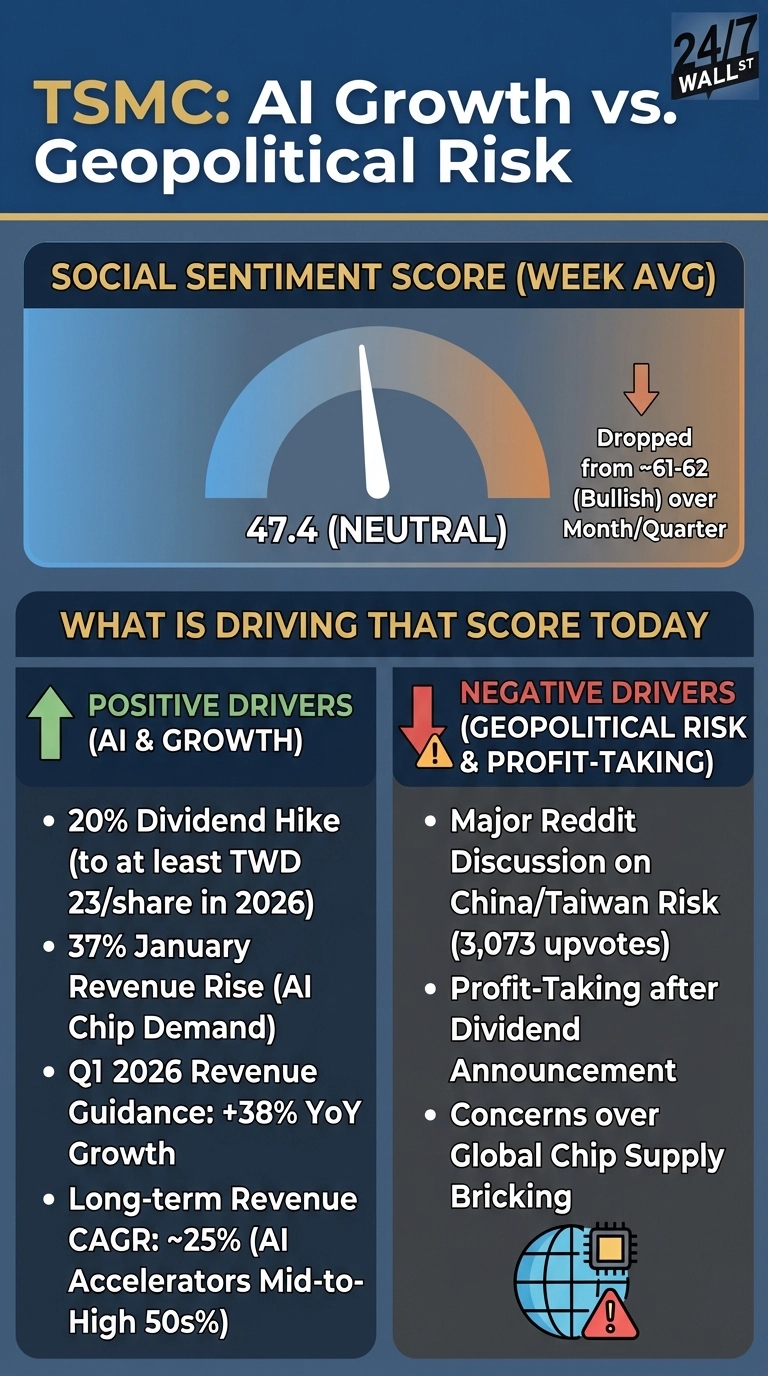 An infographic titled 'TSMC: AI Growth vs. Geopolitical Risk' on a dark blue background. The top section shows a 'SOCIAL SENTIMENT SCORE (WEEK AVG)' with a gauge indicating 47.4 (NEUTRAL). An orange downward arrow notes a drop from ~61-62 (Bullish) over Month/Quarter. The bottom section, 'WHAT IS DRIVING THAT SCORE TODAY', is divided into 'POSITIVE DRIVERS (AI & GROWTH)' on the left with a green upward arrow, and 'NEGATIVE DRIVERS (GEOPOLITICAL RISK & PROFIT-TAKING)' on the right with a red downward arrow and an exclamation mark icon. Positive drivers listed are: 20% Dividend Hike (to at least TWD 23/share in 2026), 37% January Revenue Rise (AI Chip Demand), Q1 2026 Revenue Guidance: +38% YoY Growth, Long-term Revenue CAGR: ~25% (AI Accelerators Mid-to-High 50s%). Negative drivers listed are: Major Reddit Discussion on China/Taiwan Risk (3,073 upvotes), Profit-Taking after Dividend Announcement, Concerns over Global Chip Supply Bricking, accompanied by an icon of a globe with a circuit board chip and a warning sign.