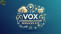 A stylized graphic featuring the bold white text 'VOX' prominently in the center, with 'COMMUNICATION SERVICES ETF' below it in gold lettering. Surrounding the text are various golden icons representing communication and digital technology: an infinity symbol, a cloud with an upward arrow, a play button, connected network nodes, a chat bubble with signal waves, and a cellular tower with signal waves. Blue glowing lines and light points connect these elements against a dark blue background with a subtle digital soundwave pattern in the middle. The '24/7 WALL ST' logo is in the top left corner.