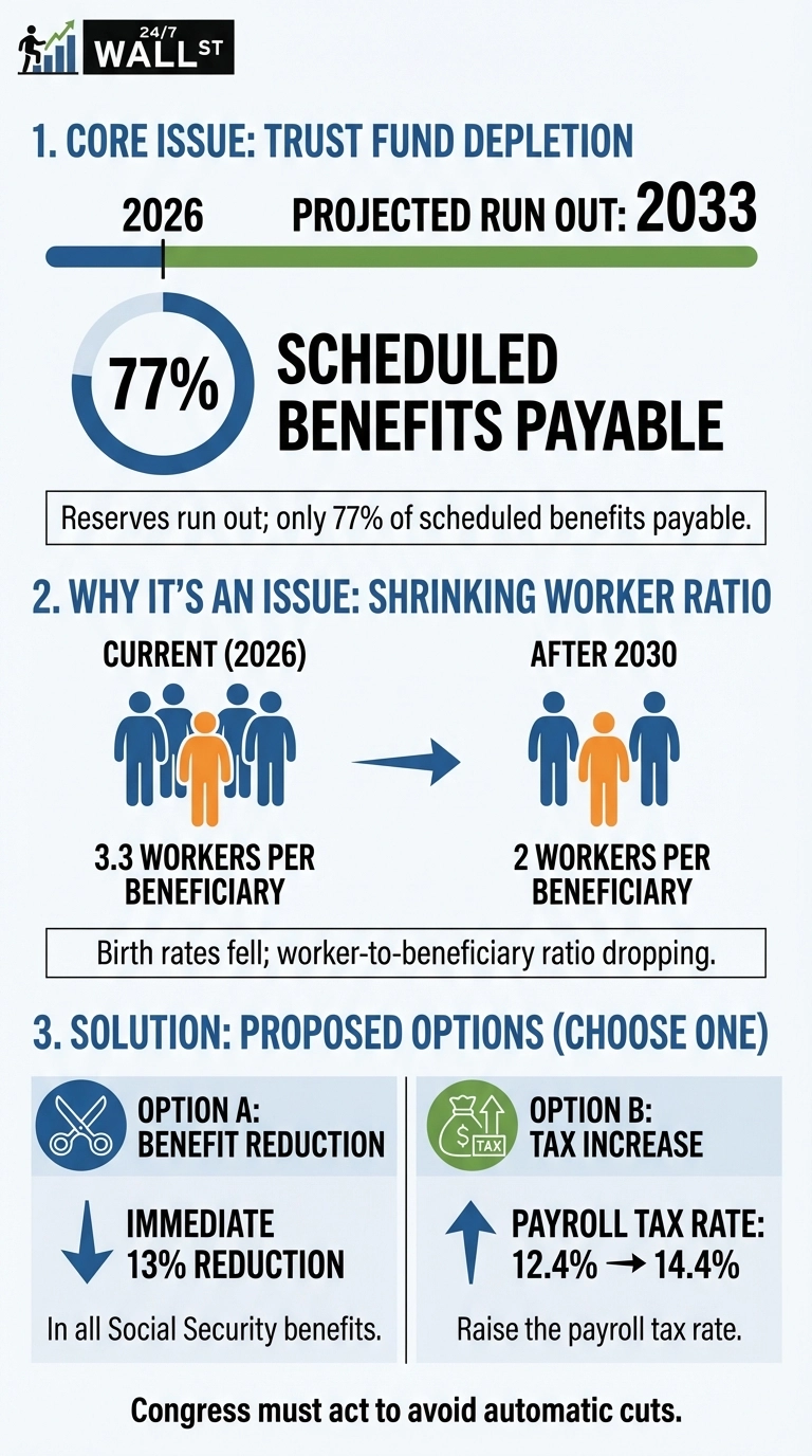 An infographic titled 'Social Security's Looming Crisis.' It is divided into three sections. Section 1, 'Core Issue: Trust Fund Depletion,' shows a timeline with 2026 and 'PROJECTED RUN OUT: 2033.' A partial circle graph shows 77% of 'SCHEDULED BENEFITS PAYABLE,' with text stating 'Reserves run out; only 77% of scheduled benefits payable.' Section 2, 'Why It's an Issue: Shrinking Worker Ratio,' depicts 'CURRENT (2026)' with 3 blue worker figures and 1 orange beneficiary figure, totaling '3.3 WORKERS PER BENEFICIARY.' An arrow points to 'AFTER 2030' showing 2 blue worker figures and 1 orange beneficiary figure, totaling '2 WORKERS PER BENEFICIARY.' Text beneath says 'Birth rates fell; worker-to-beneficiary ratio dropping.' Section 3, 'Solution: Proposed Options (Choose One),' presents two choices. Option A, 'Benefit Reduction,' has a scissors icon and an arrow pointing down, detailing an 'IMMEDIATE 13% REDUCTION' in all Social Security benefits. Option B, 'Tax Increase,' has a money bag icon and an arrow pointing up, indicating a 'PAYROLL TAX RATE: 12.4% -> 14.4%' to 'Raise the payroll tax rate.' The infographic concludes with 'Congress must act to avoid automatic cuts.'