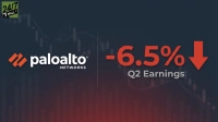 A graphic featuring the Palo Alto Networks logo on the left. On the right, large red text shows '-6.5%' next to a prominent red downward arrow, with 'Q2 Earnings' in smaller gray text below it. The background subtly depicts a dark financial candlestick chart pattern with a red gradient at the bottom.