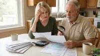 An elderly man and woman are seated at a kitchen table, intently examining financial documents. The woman looks distressed with her hand on her forehead, while the man uses a magnifying glass to read a tax form, with a calculator, a stack of envelopes, and coffee mugs on the table.