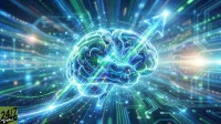 A stylized, glowing blue and green human brain, rendered with intricate digital circuit patterns, is positioned centrally. An illuminated upward-pointing arrow emerges from the brain, ascending diagonally to the upper right with the faint text 'Tempus AI' visible along its shaft. The background features a vibrant, abstract digital landscape of shimmering blue and green light streaks, data lines, and blurred circuit board elements, suggesting a futuristic high-tech environment. The overall composition evokes concepts of intelligence, technology, and progress.