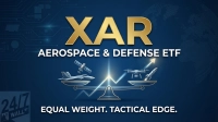 A digital graphic on a dark blue background with circuit board patterns and a subtle globe. The large, golden text 'XAR' is at the top, followed by 'AEROSPACE & DEFENSE ETF' in white. A golden balance scale is centered, with a satellite and a fighter jet on the left pan, and a drone and a rocket on the right pan. A glowing white line, depicting an upward-trending stock graph, passes through the scale. Below, white text reads 'EQUAL WEIGHT. TACTICAL EDGE.' The '24/7 WALL ST' logo is in the bottom left corner.