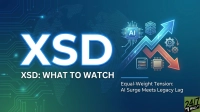 A digital graphic featuring the large white letters 'XSD' with a blue glow, and the text 'XSD: WHAT TO WATCH'. Below it, 'Equal-Weight Tension: AI Surge Meets Legacy Lag'. On the right, a prominent blue upward-pointing arrow intertwines with an orange downward-pointing arrow. Surrounding these arrows are various icons, including an AI chip, stacked data servers, document icons, a microchip, and mechanical gears, all set against a blue-green background with circuit board patterns and a faint world map outline. A '24/7 WALL ST' logo is in the bottom right corner.
