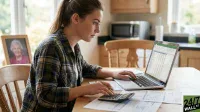 A young woman with brown hair tied in a ponytail sits at a wooden dining table, focused on a silver laptop and a black calculator. She is wearing a green and blue plaid shirt. Papers are spread on the table. In the blurred background, a framed photo of an older woman and a kitchen window are visible.
