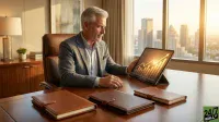 A mature man with gray hair and a beard, dressed in a gray suit jacket and a light blue collared shirt, sits at a polished wooden desk. He holds a black tablet in his hands, which prominently displays a glowing yellow bar graph with an upward-pointing arrow, indicating growth. Behind him, large windows offer a view of a city skyline at sunset or sunrise, with numerous tall buildings. On the desk in front of him are three brown leather-bound notebooks. To the far left, a gold-colored lamp and a small potted plant are visible on a wooden credenza.