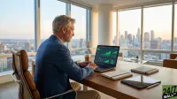 A man with grey hair, wearing a blue blazer, sits at a wooden desk, looking intently at a laptop screen that displays green financial charts and graphs. On the desk are a coffee cup, two notebooks, a tablet, and a stylus. Behind him, large windows offer a panoramic view of a city skyline under a warm, clear sky.
