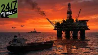 An offshore oil rig on the right emits dark smoke into a vivid orange and red sunset sky. On the left, a large dark oil tanker sails on choppy, reflective waters. In the mid-ground, a gray naval destroyer is visible, along with two fighter jets flying across the dramatic sky.