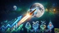 A vibrant and futuristic illustration set in deep space shows a large rocket with a fiery exhaust launching towards a prominent Moon. In the upper left, the Earth is visible. The foreground features glowing blue and green financial bar charts and line graphs displaying strong upward trends with large arrows. Below the charts, several detailed space-related technological modules, including a capsule and satellites, are depicted within glowing gear mechanisms and connected by luminous circuit lines, against a backdrop of stars and nebulae.