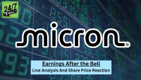 A graphic featuring the black 'Micron' logo with a white outline, centered against a dark green and blue digital background with faint numbers and dotted patterns. In the bottom-center, a light blue rectangle contains the text 'Earnings After the Bell' and 'Live Analysis And Share Price Reaction'. A '24/7 WALL ST' logo in a green square is in the top-left corner.