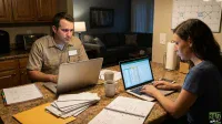 A man in a tan work shirt sits at a kitchen counter, focused on a silver laptop. To his right, a woman with dark hair types on her laptop, which displays a spreadsheet. Between them are two white coffee mugs, open notebooks with handwritten notes, and a stack of white envelopes. In the background, a calendar on the wall has 'SIDE JOB' and 'DEBT PAYOFF' written on it. The scene depicts a couple engaged in financial management in their home.