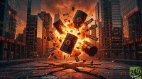 A stylized digital image depicts multiple dark oil barrels exploding from a cracked street in a modern city at dusk, surrounded by orange and red flames. Various black rectangular tags with white stock tickers like AAPL, TSLA, and GOOGL are scattered in the explosion. Tall glass skyscrapers in the background reflect the fiery glow and display red digital text with downward arrows and negative stock market figures. The scene conveys market instability and financial disruption.