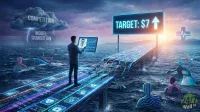 A digital illustration showing a man in a suit standing on a partially broken glowing data bridge over a dark ocean. In the background, storm clouds are labeled "COMPETITION" and "MODEL TRANSITION" with lightning. A large glowing sign reads "TARGET: $7" with an upward arrow. Silhouettes of people are in the water, and a glowing medical cross symbol is on the horizon at sunset.