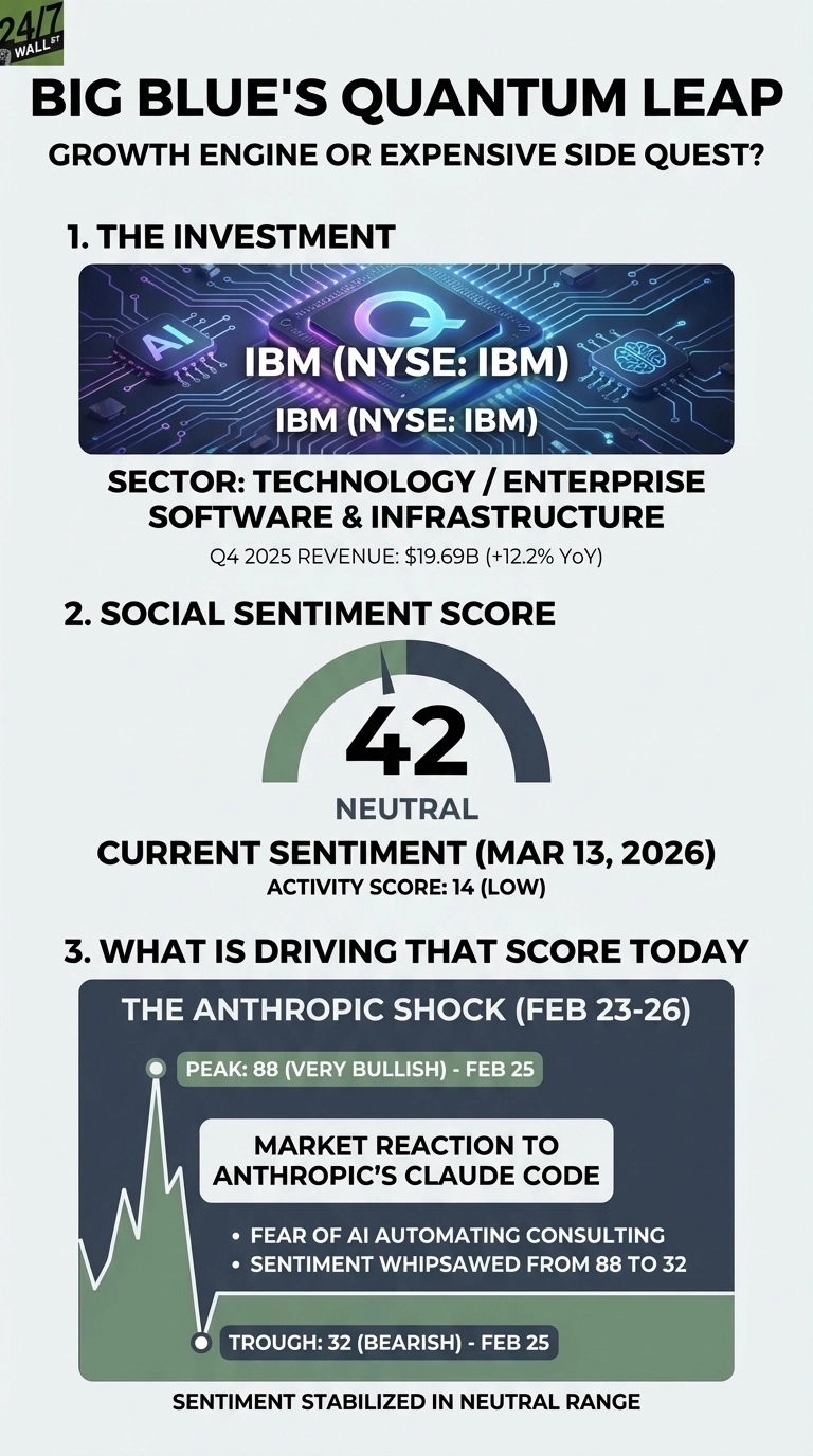 An infographic titled 'BIG BLUE'S QUANTUM LEAP: GROWTH ENGINE OR EXPENSIVE SIDE QUEST?' detailing IBM's social sentiment. Section 1, 'THE INVESTMENT,' shows 'IBM (NYSE: IBM)' with Q4 2025 revenue of $19.69B (+12.2% YoY) and its sector as Technology / Enterprise Software & Infrastructure. Section 2, 'SOCIAL SENTIMENT SCORE,' displays a gauge pointing to '42 NEUTRAL' with the current sentiment date 'MAR 13, 2026' and an activity score of '14 (LOW).' Section 3, 'WHAT IS DRIVING THAT SCORE TODAY,' features a line graph depicting 'THE ANTHROPIC SHOCK (FEB 23-26).' It shows a peak of 88 (VERY BULLISH) on Feb 25 and a trough of 32 (BEARISH) on Feb 25, explaining this as 'MARKET REACTION TO ANTHROPIC'S CLAUDE CODE' driven by 'FEAR OF AI AUTOMATING CONSULTING' and 'SENTIMENT WHIPSAWED FROM 88 TO 32.' The section concludes, 'SENTIMENT STABILIZED IN NEUTRAL RANGE.'