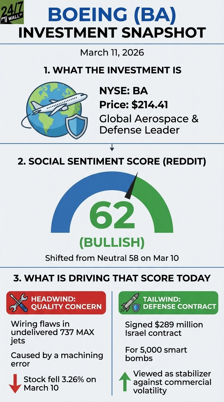 An infographic titled 'BOEING (BA) INVESTMENT SNAPSHOT' dated March 11, 2026. Section 1, 'WHAT THE INVESTMENT IS,' shows the stock ticker NYSE: BA, price $214.41, and identifies Boeing as a 'Global Aerospace & Defense Leader,' with an icon of an airplane flying around a globe and a shield. Section 2, 'SOCIAL SENTIMENT SCORE (REDDIT),' displays a gauge showing a score of 62, labeled '(BULLISH),' stating it 'Shifted from Neutral 58 on Mar 10.' Section 3, 'WHAT IS DRIVING THAT SCORE TODAY,' has two columns. The left column, 'HEADWIND: QUALITY CONCERN' in a red box, lists 'Wiring flaws in undelivered 737 MAX jets,' 'Caused by a machining error,' and 'Stock fell 3.26% on March 10' with a red downward arrow. The right column, 'TAILWIND: DEFENSE CONTRACT' in a green box, lists 'Signed $289 million Israel contract,' 'For 5,000 smart bombs,' and 'Viewed as stabilizer against commercial volatility' with a green upward arrow.