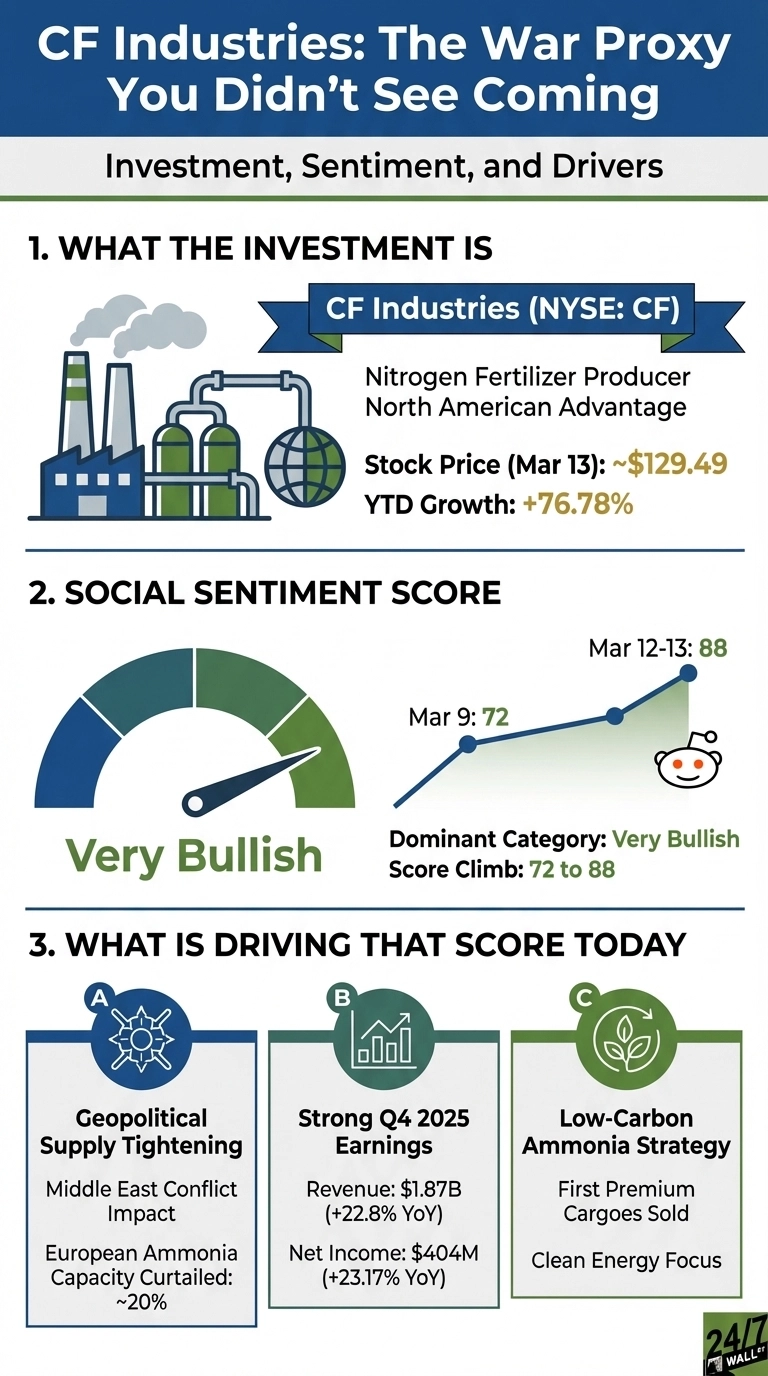An infographic titled 'CF Industries: The War Proxy You Didn't See Coming' with sections on Investment, Social Sentiment Score, and Drivers. The first section details CF Industries (NYSE: CF) as a nitrogen fertilizer producer, showing a stock price of ~$129.49 and +76.78% YTD growth, with an illustration of an industrial plant and a globe. The second section displays a gauge indicating 'Very Bullish' sentiment and a line chart showing the score rising from 72 on Mar 9 to 88 on Mar 12-13, with a Reddit icon. The third section lists three drivers: Geopolitical Supply Tightening (Middle East conflict, European ammonia capacity curtailed ~20%), Strong Q4 2025 Earnings (Revenue: $1.87B, Net Income: $404M), and Low-Carbon Ammonia Strategy (First Premium Cargoes Sold, Clean Energy Focus).