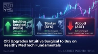 A digital graphic depicting Citi's analyst ratings for three MedTech stocks. From left to right: Intuitive Surgical (ISRG) is shown with an upward green arrow and 'UPGRADE TO BUY,' target $590. Stryker (SYK) is in the center with an upward blue arrow and 'BUY (Unchanged),' '90-Day Catalyst Watch | Target: $420.' Abbott (ABT) is on the right with a downward red arrow and 'BUY (Unchanged),' 'TARGET TRIMMED | New Target: $136.' The background features blue and purple stock candlestick charts and trending lines. Below the stock information, the text reads 'Citi Upgrades Intuitive Surgical to Buy on Healthy MedTech Fundamentals' and 'March 11, 2026'.